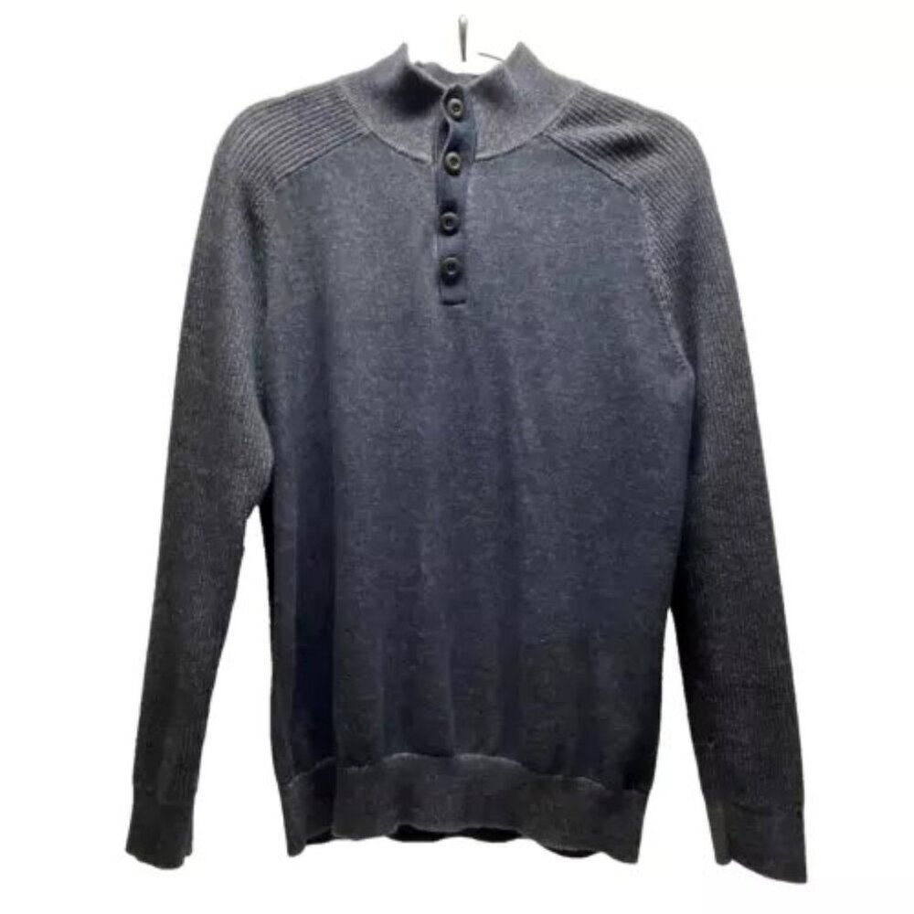 Express Sweater Men’s‎ Medium Button Mock Neck Heathered Blue Knit Preppy Career